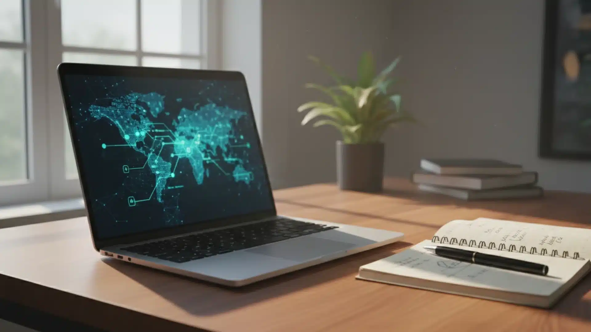 laptop-displaying-digital-world-map-network-desk