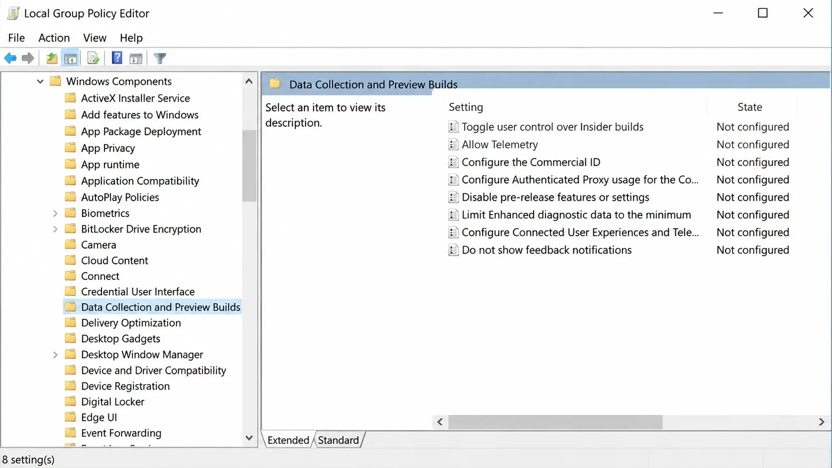 Local Group Policy Editor showing Data Collection and Preview Builds with the Allow Telemetry setting