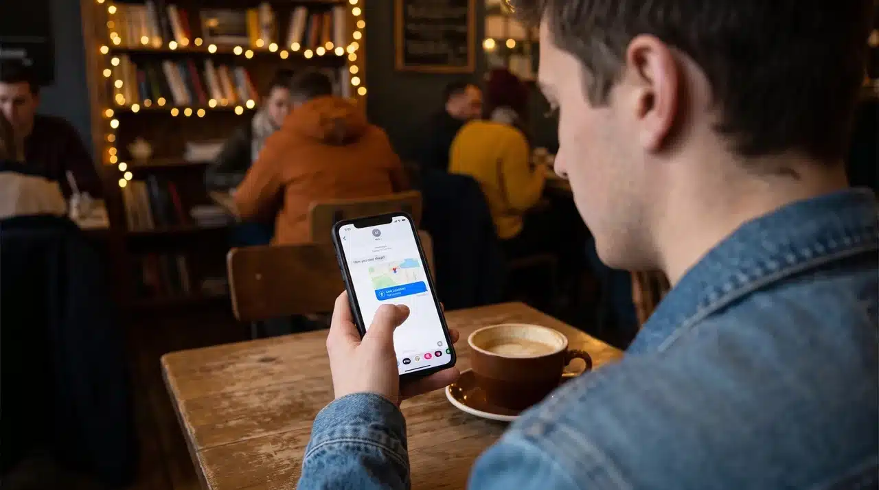 Man sending a live location pin through the Messages app on iPhone.