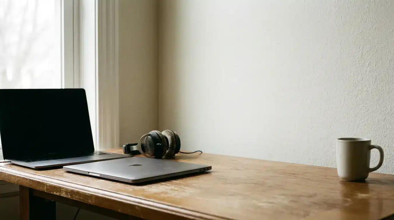 Laptop, closed notebook, and headphones on wooden desk by window with coffee mug nearby