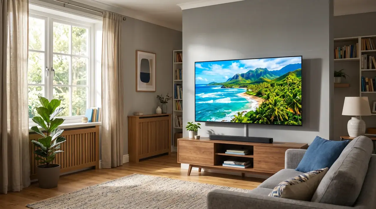 Modern living room with a wall-mounted TV displaying a tropical beach, set above a wooden media console and gray sofa.