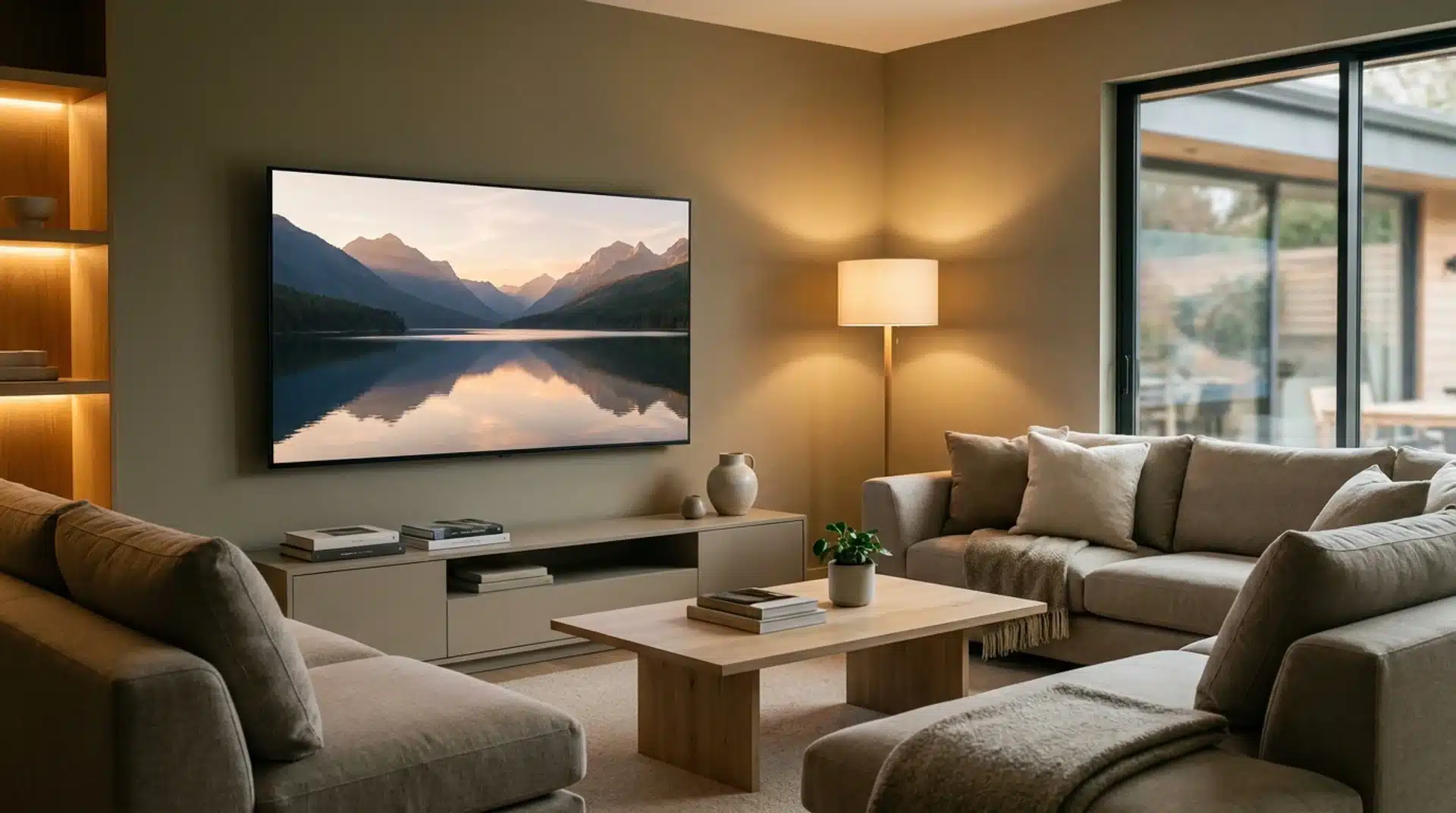 Modern living room with a large TV displaying a scenic nature scene.