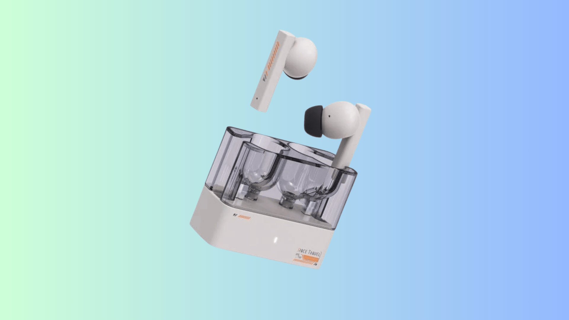 Moondrop Space Travel earbuds above a transparent charging case.