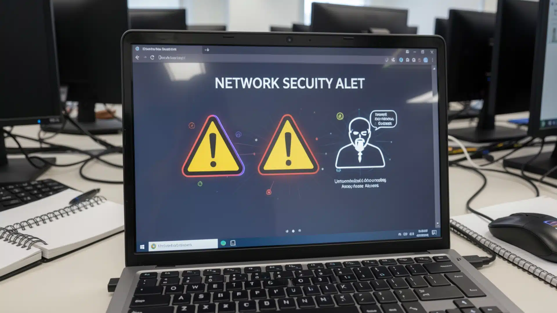 Laptop displaying a network security alert warning screen with yellow triangles in an office setting.