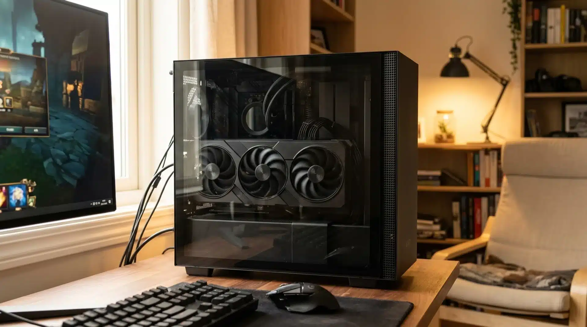 Black custom gaming PC with vertical graphics card on a wooden desk with keyboard and mouse.
