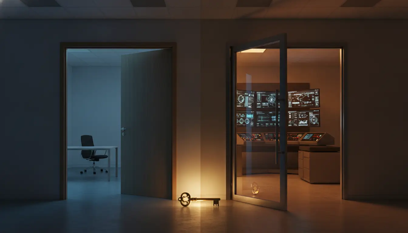 Dimly lit hallway with open doors revealing office and control room, large key on floor