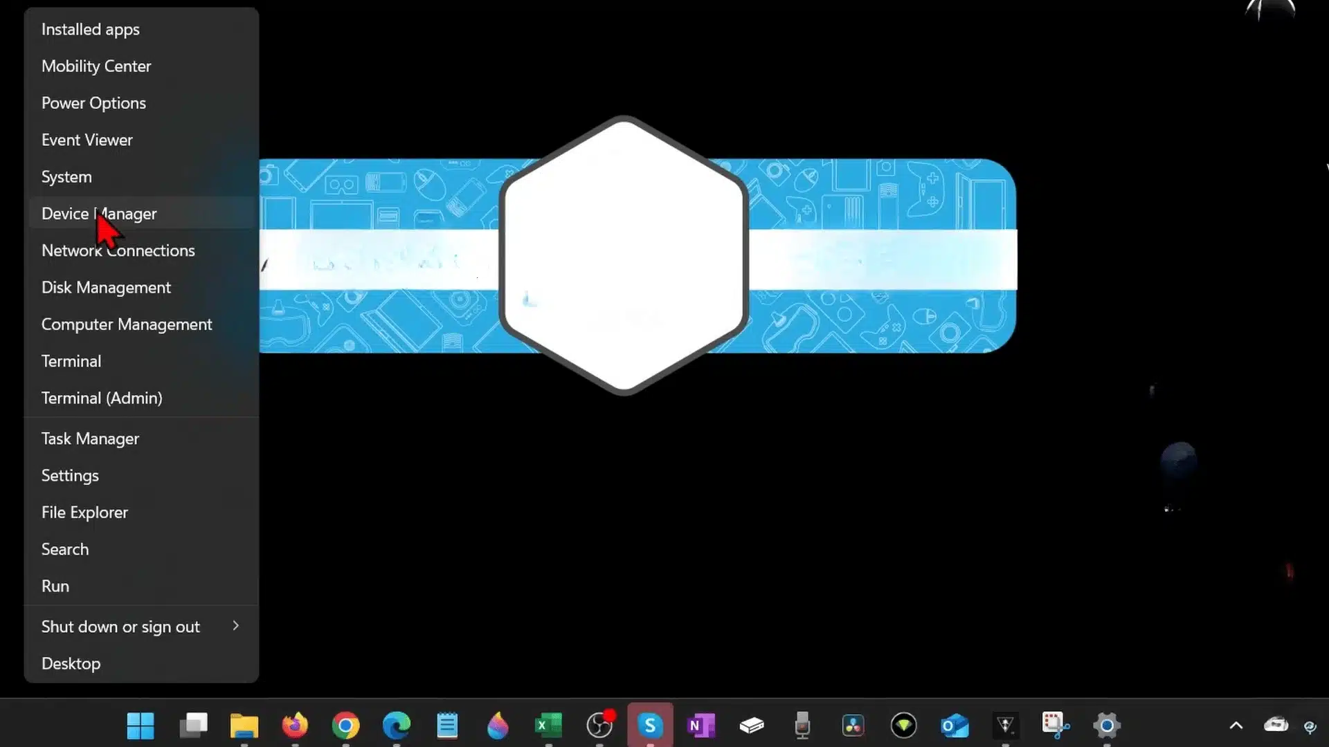 Windows 11 Start right-click menu showing the Device Manager option.