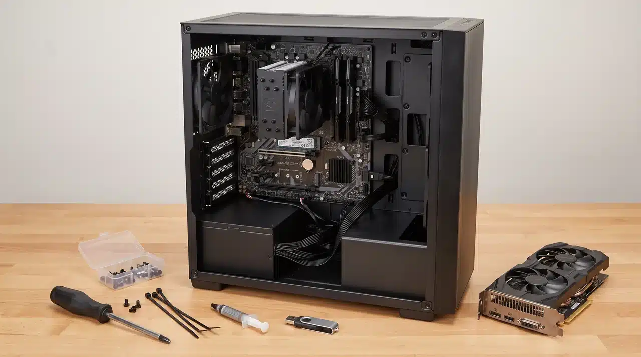 Partially assembled PC with motherboard, RAM, M.2 SSD, cooler, power cables, graphics card, and tools on a work surface