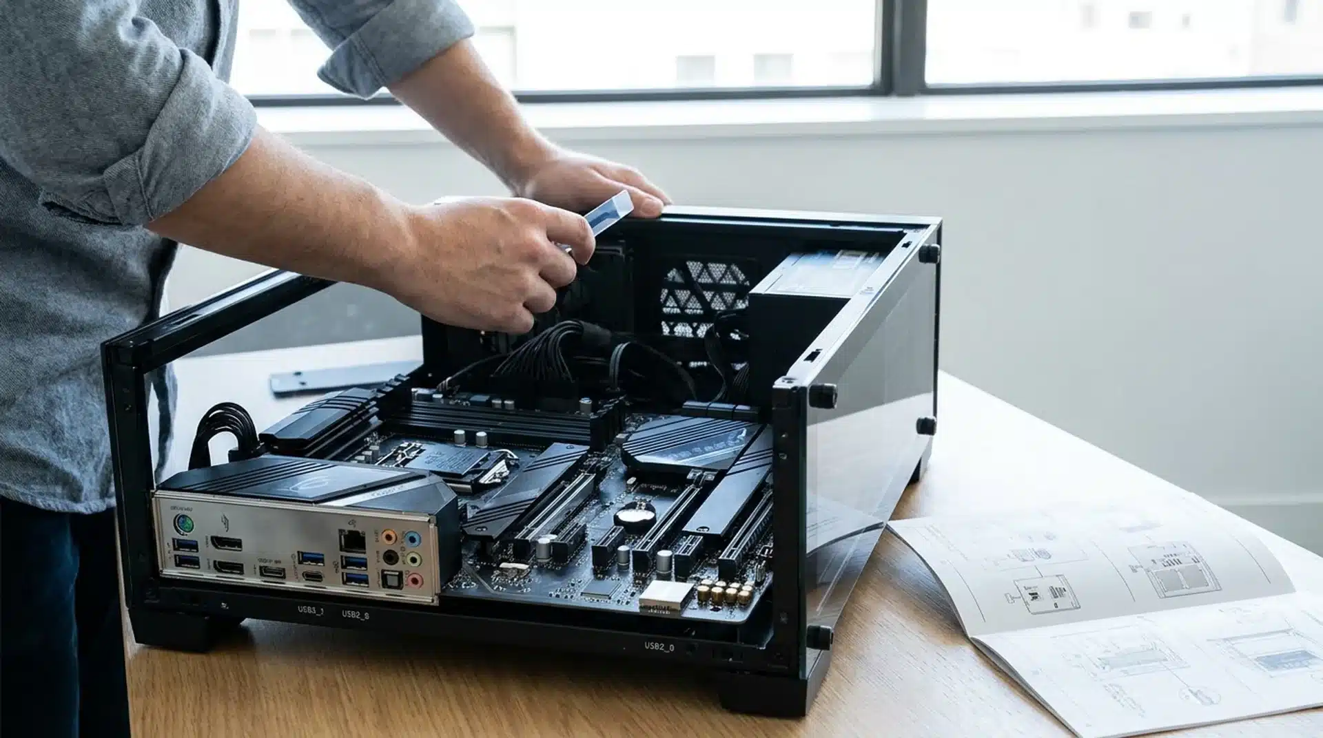 Person checking a PC motherboard's rear USB ports and internal USB headers to identify available connections.