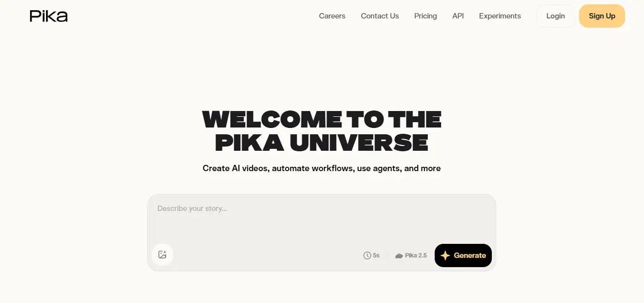 Website homepage with bold text "Welcome to the Pika Universe" and sign-up button