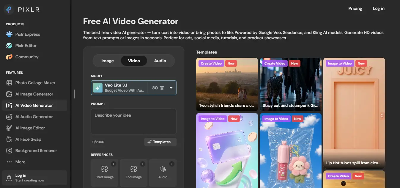 AI video generator interface with video model selection and colorful template thumbnails on screen