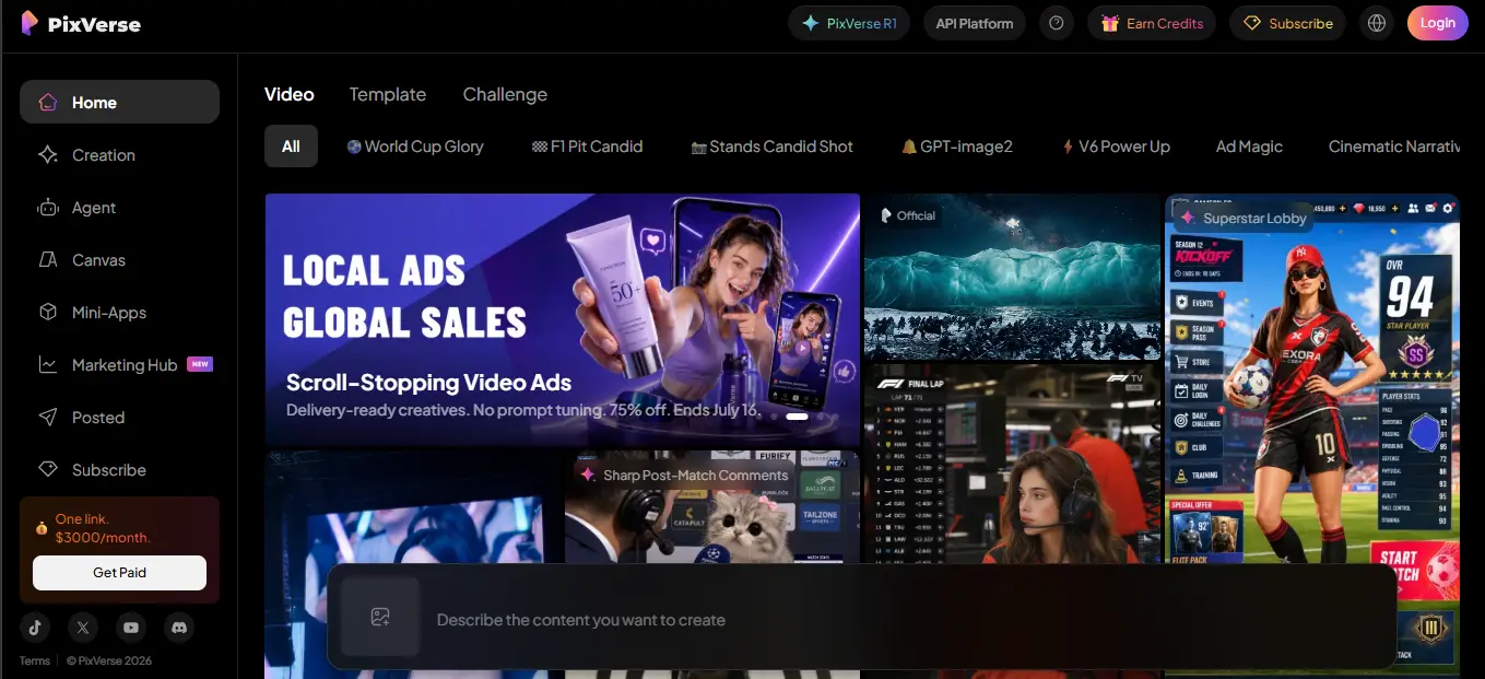 Online platform interface with video ads and gaming content in a dark-themed layout