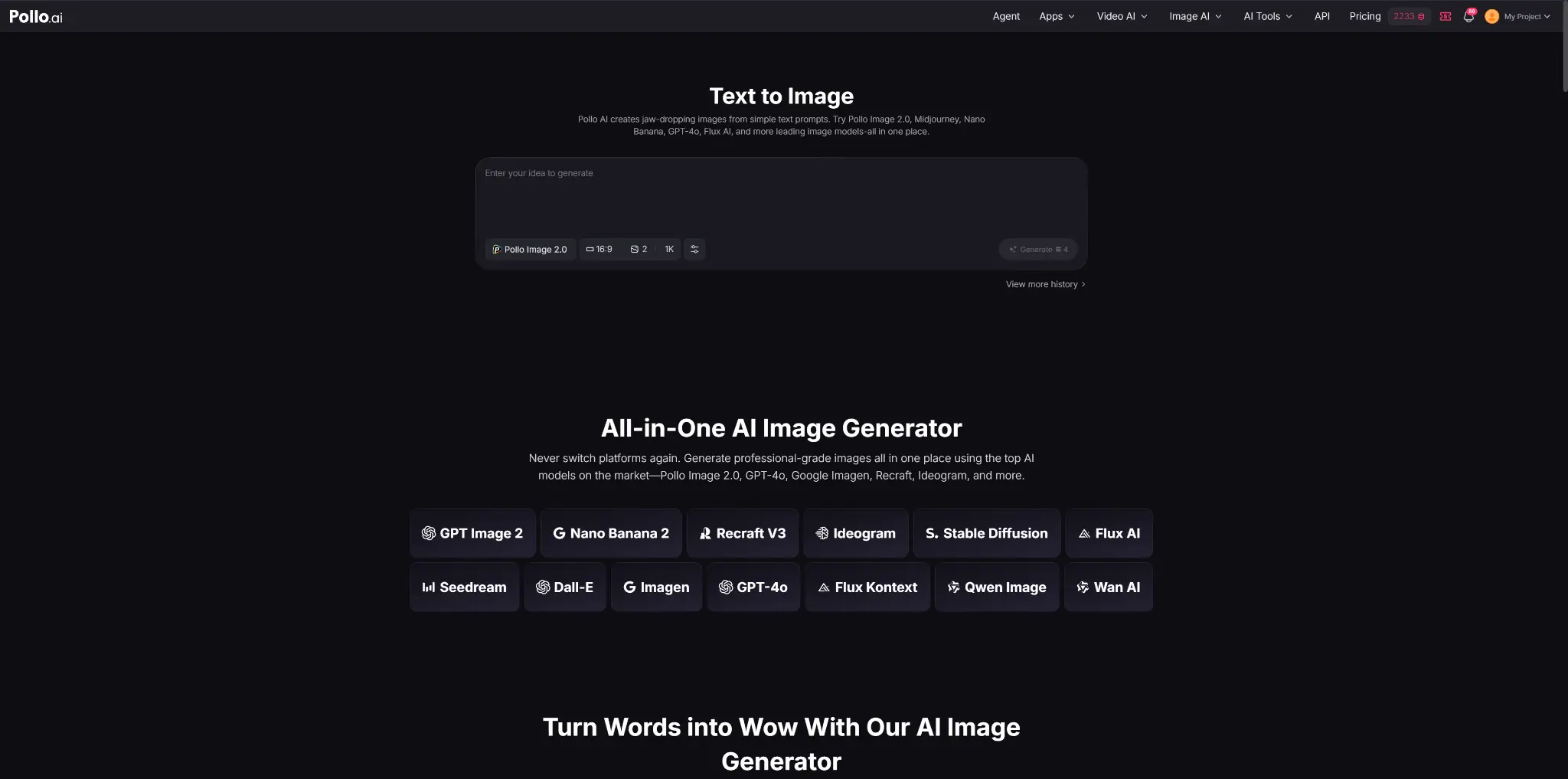 AI image generator interface with dark theme and various model options displayed