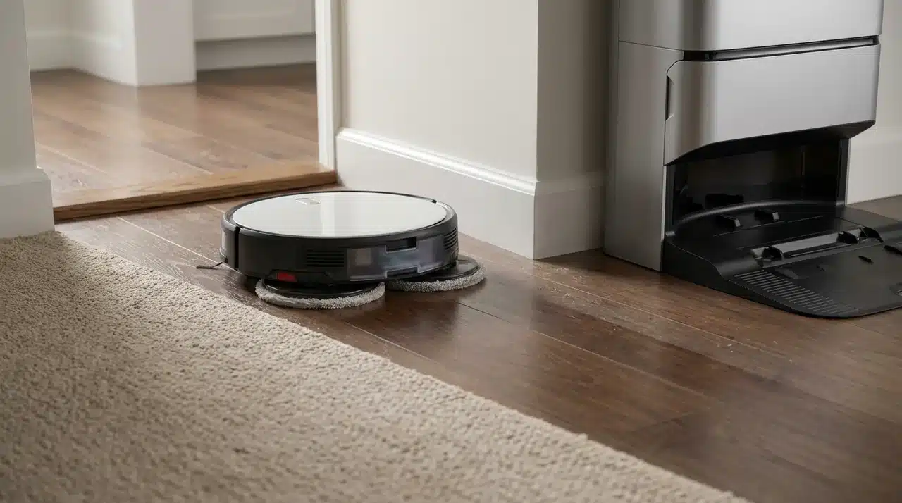 Premium robot mop with spinning pads beside carpet, a raised threshold, and an automated cleaning dock