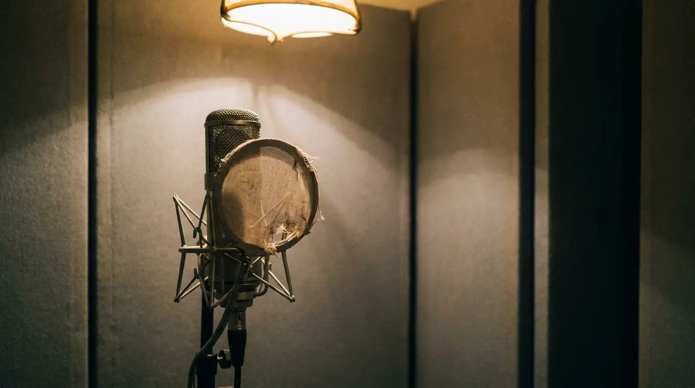 Microphone with pop filter in dimly lit soundproof recording studio
