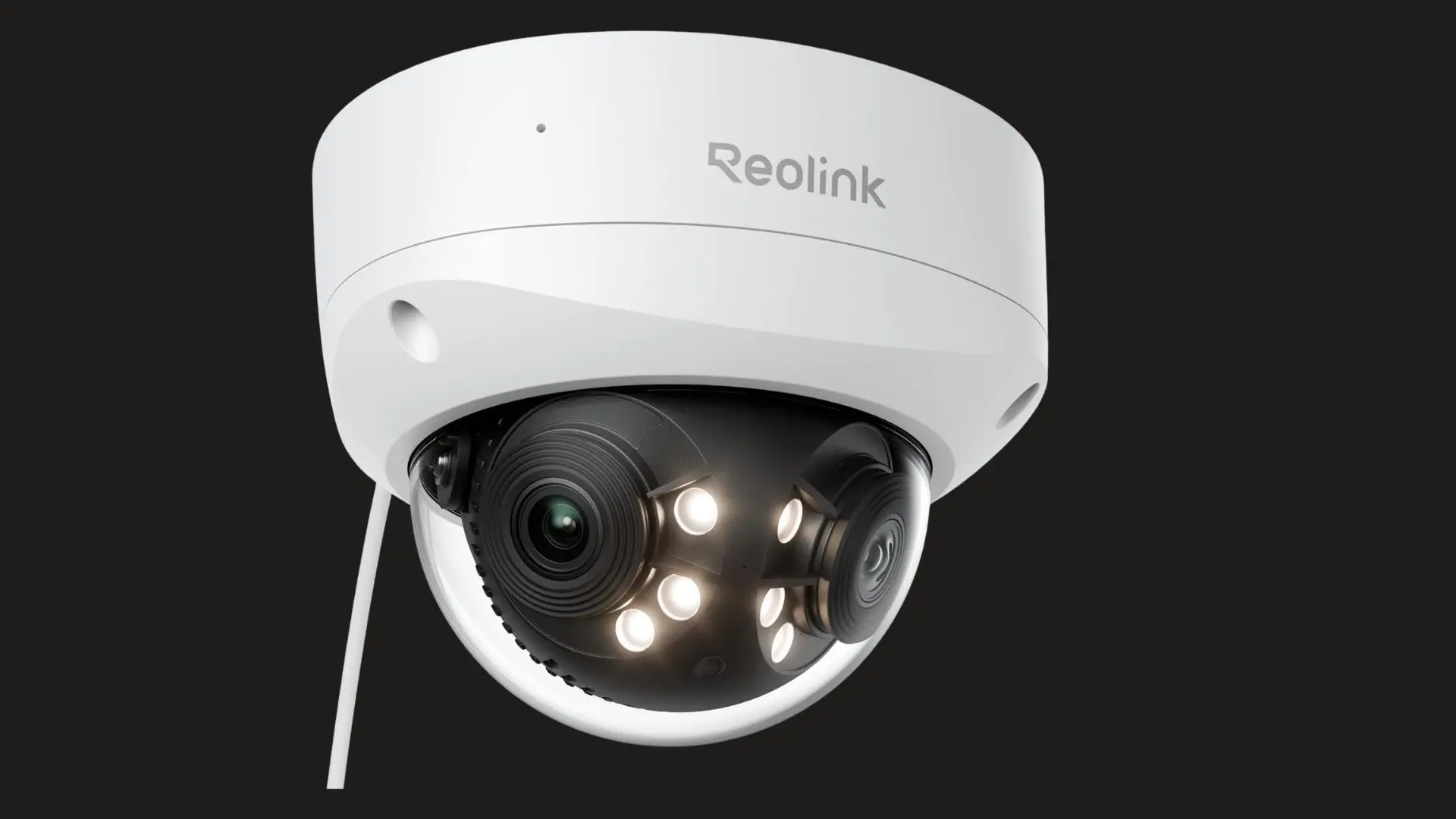 reolink Duo 3 PoE security camera with dual lenses and built-in LED lights on a black background