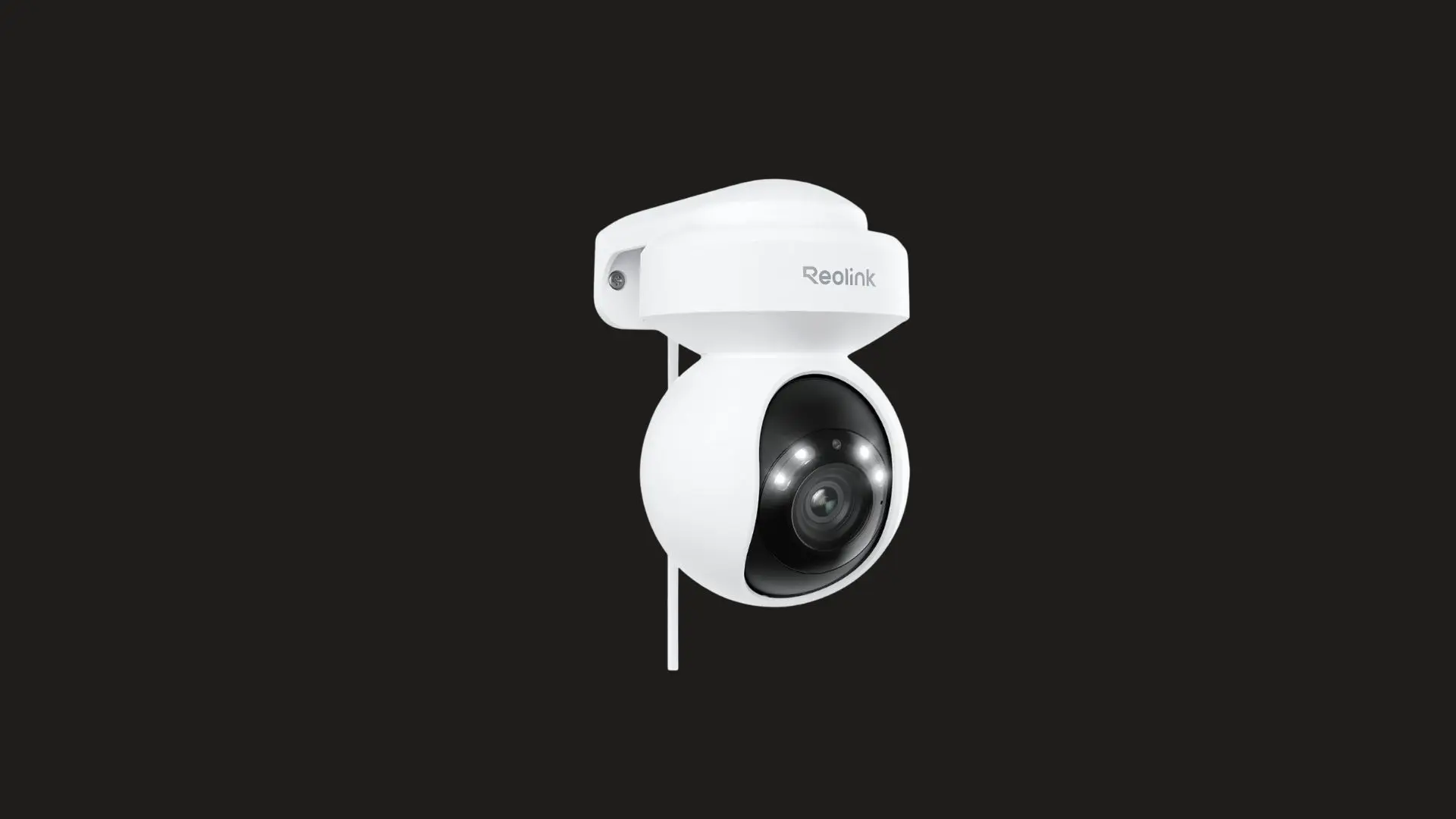 Reolink outdoor security camera with dual lenses and white housing on a black background