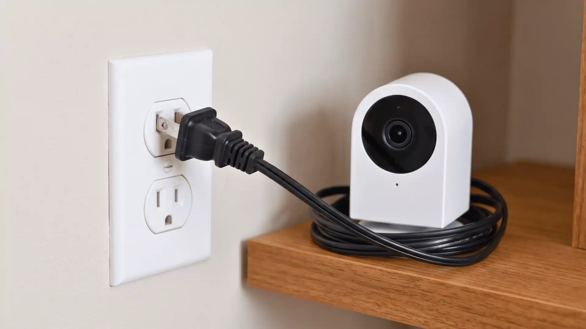 Plug-in security camera connected to a wall outlet with its power cord visible.