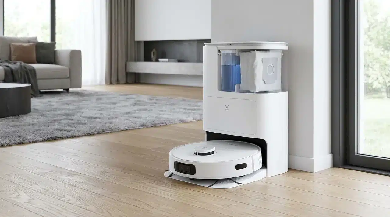 Robot mop collecting pet hair and crumbs while its roller cleans muddy paw marks from a hard floor