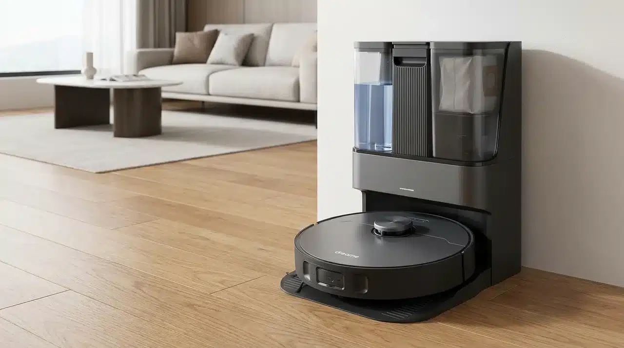 Robot mop crossing a raised doorway threshold with its spinning pads lifted above a nearby rug