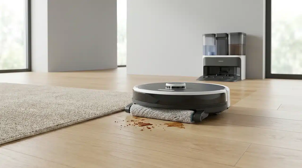 Robot vacuum-mop cleaning a dried spill on hardwood beside a low-pile rug and self-cleaning dock