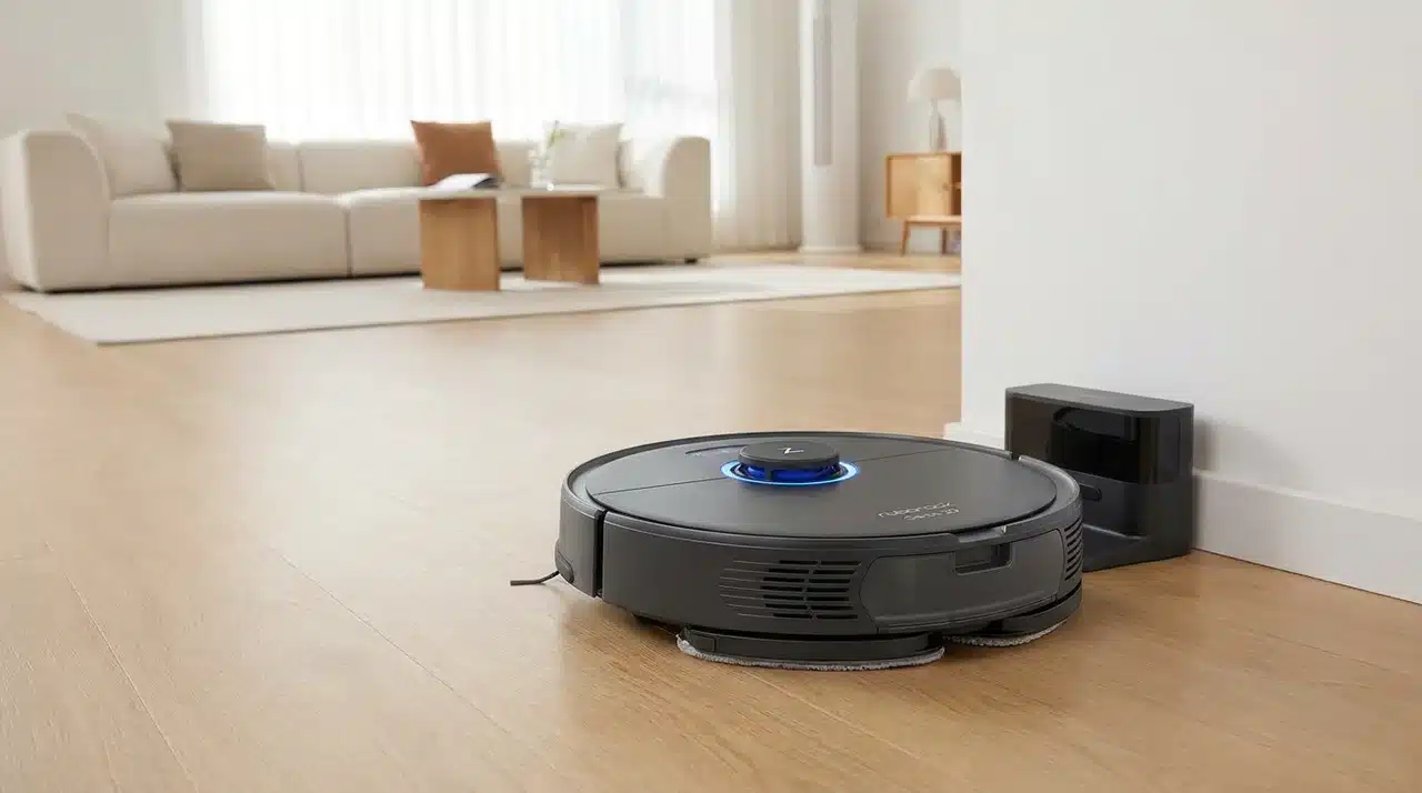 Robot mop transitioning from hard flooring toward a rug in a room with several flooring types
