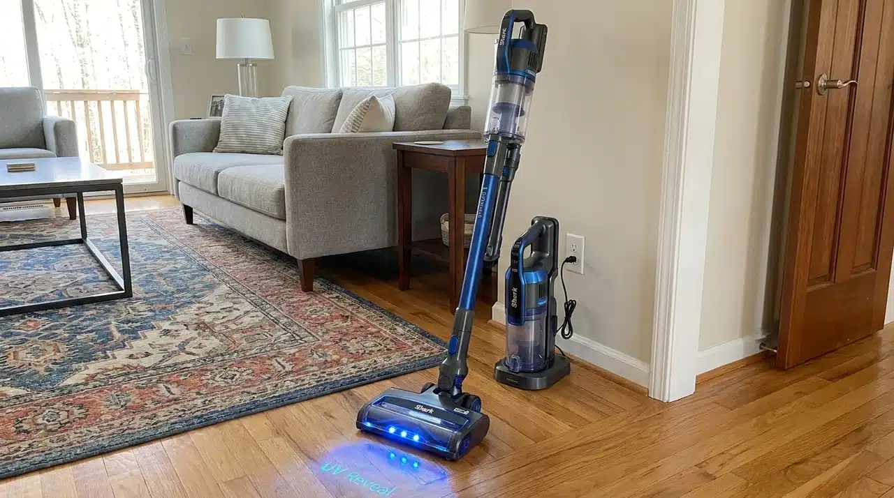 Robot mop using a broad scrubbing pad and UV floor light over a sticky kitchen-floor mark