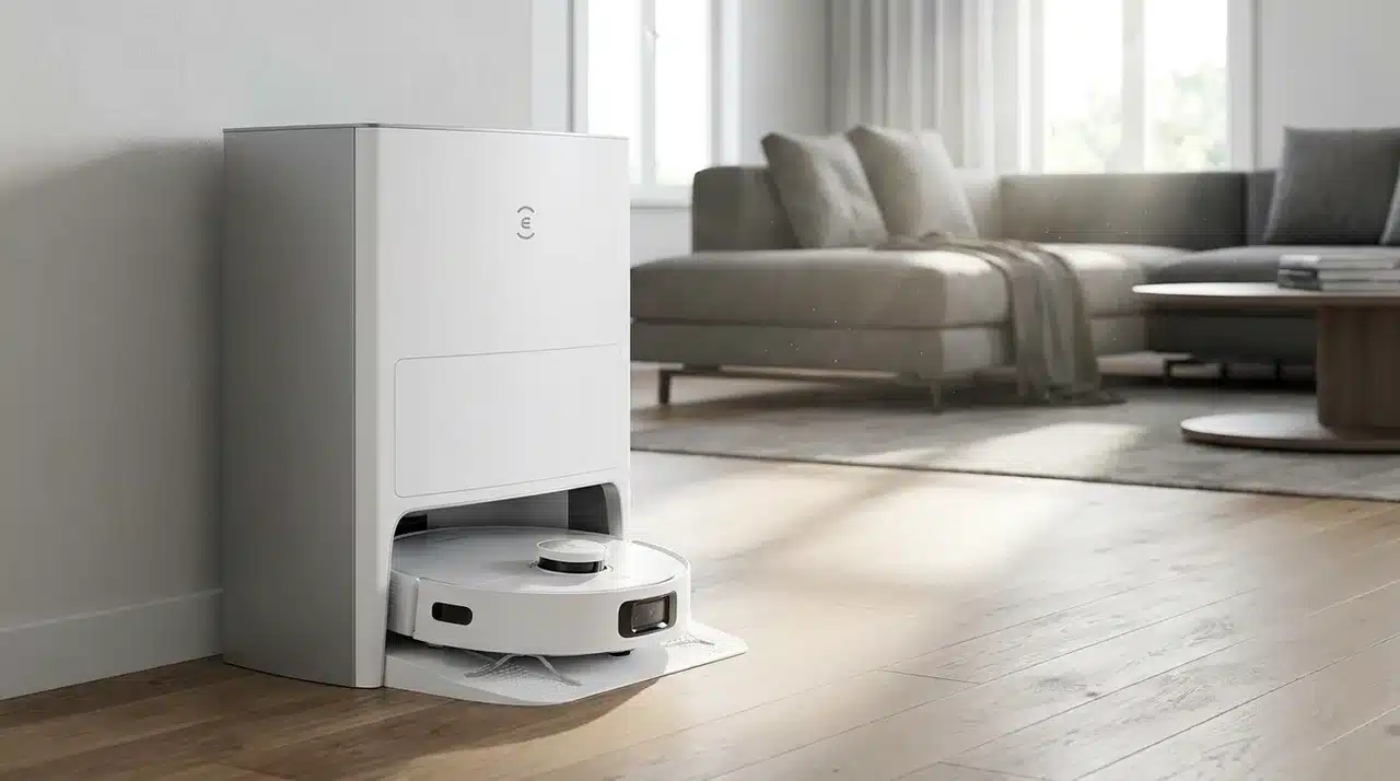 Robot mop using a roller along a hard-floor edge with a multifunction cleaning dock nearby