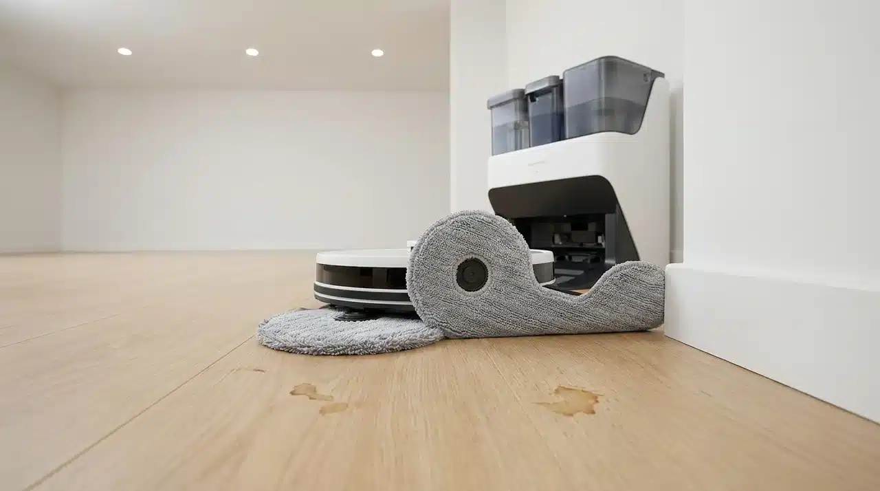 Robot mop with two spinning pads cleaning a hard floor beside a full-service dock
