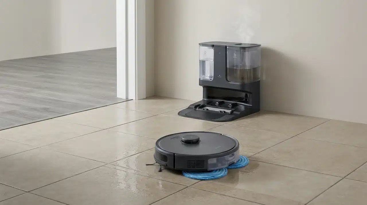 Robot mop with two spinning pads cleaning sealed tile beside a hot-water cleaning dock