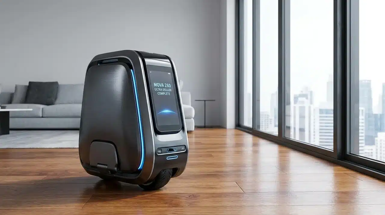 Roller robot mop cleaning a large connected hard-floor area with a full-service dock in the distance