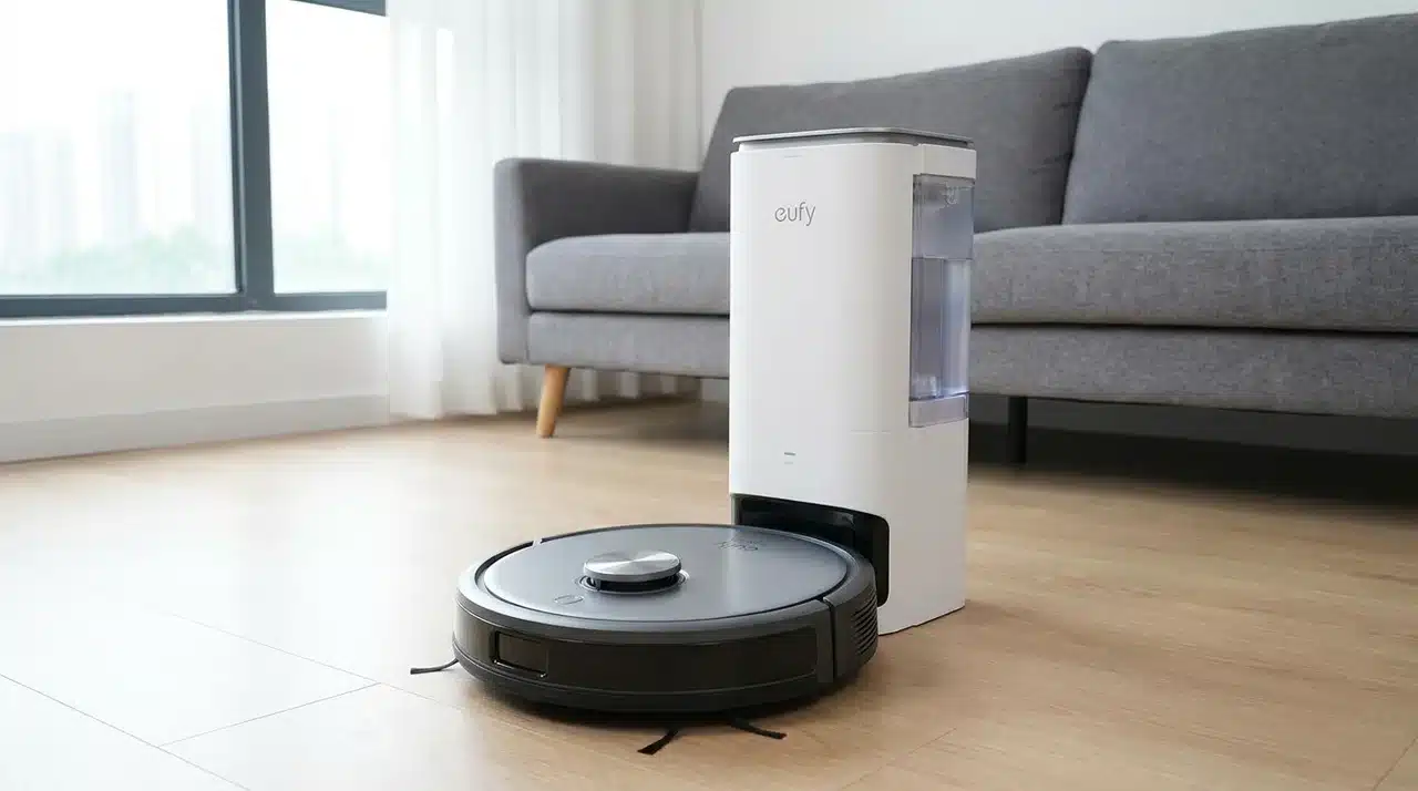 Roller robot mop cleaning dark hard flooring with a damp path and automated dock nearby