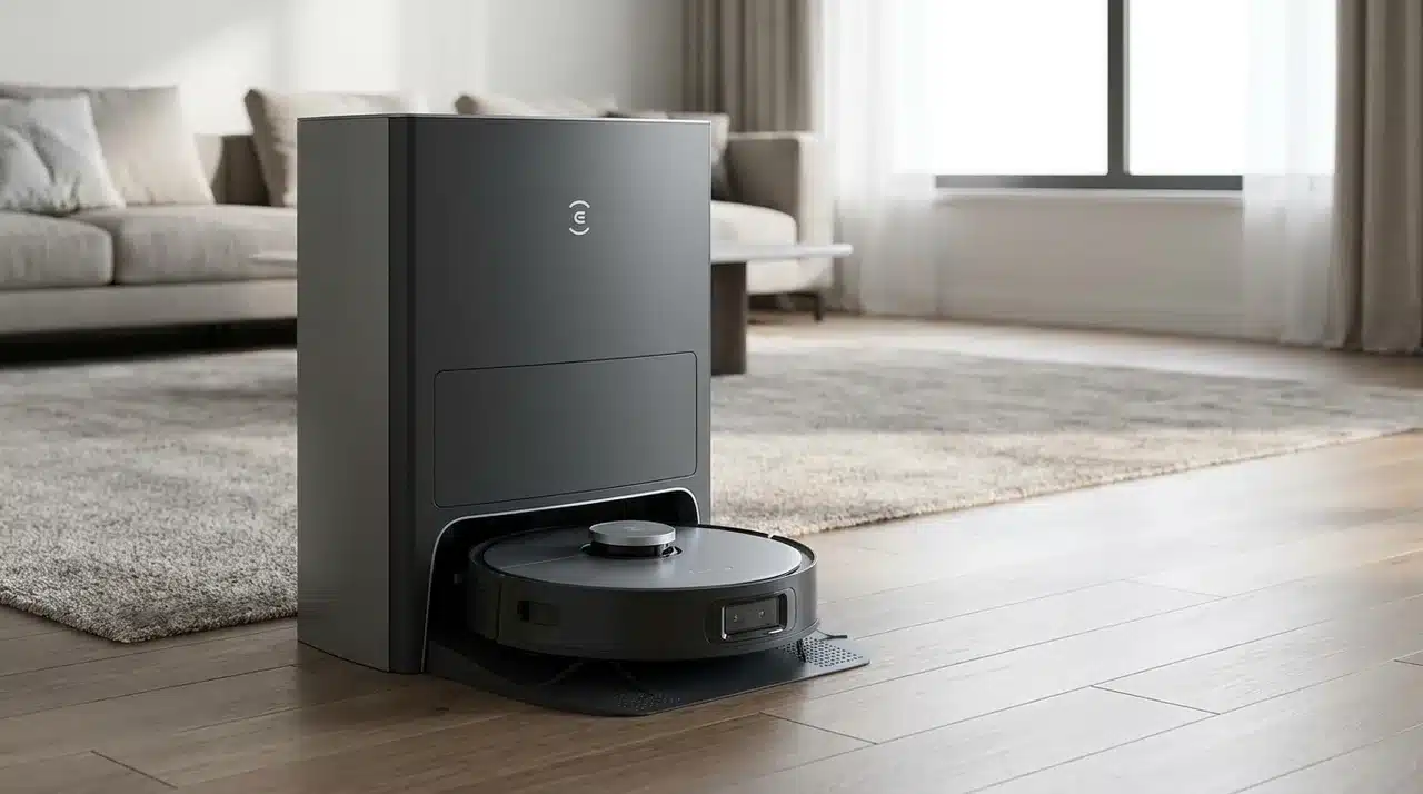 Roller robot mop cleaning dried residue along a wall before crossing onto carpet