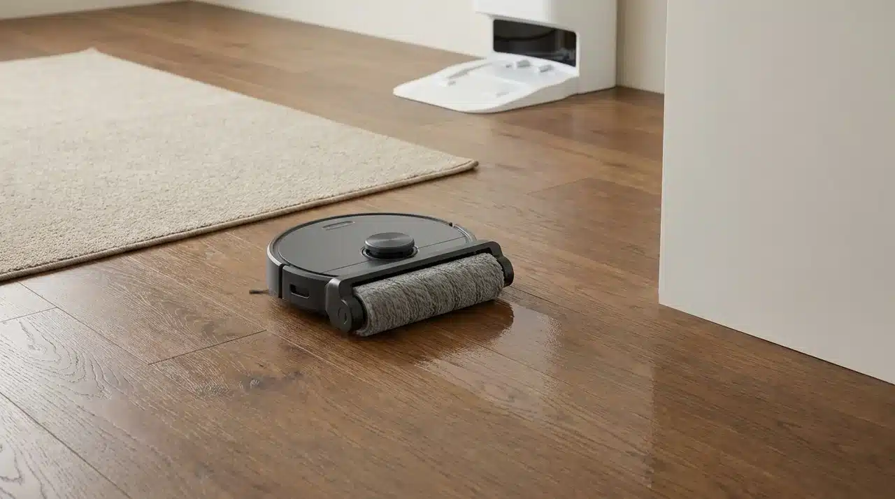 Roller robot mop cleaning sealed hardwood with little moisture left behind and a low-pile rug nearby
