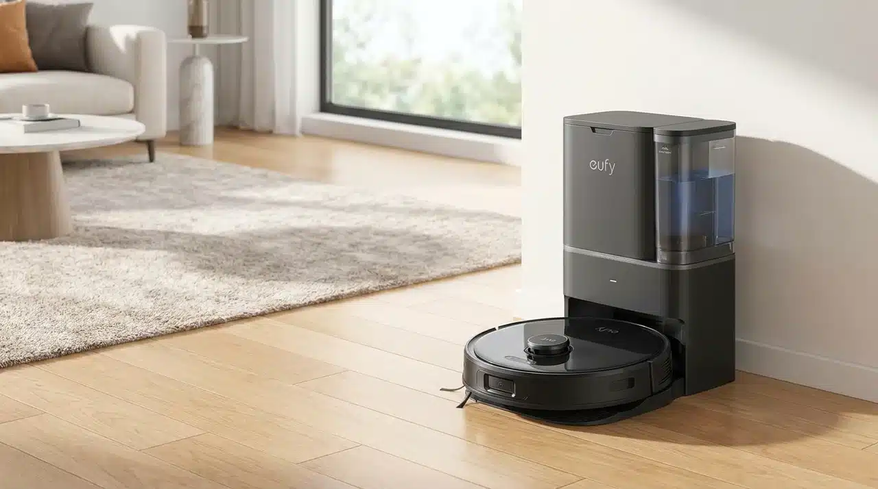Roller robot mop navigating around a cable, shoe, toy, and pet bowl on a hard floor