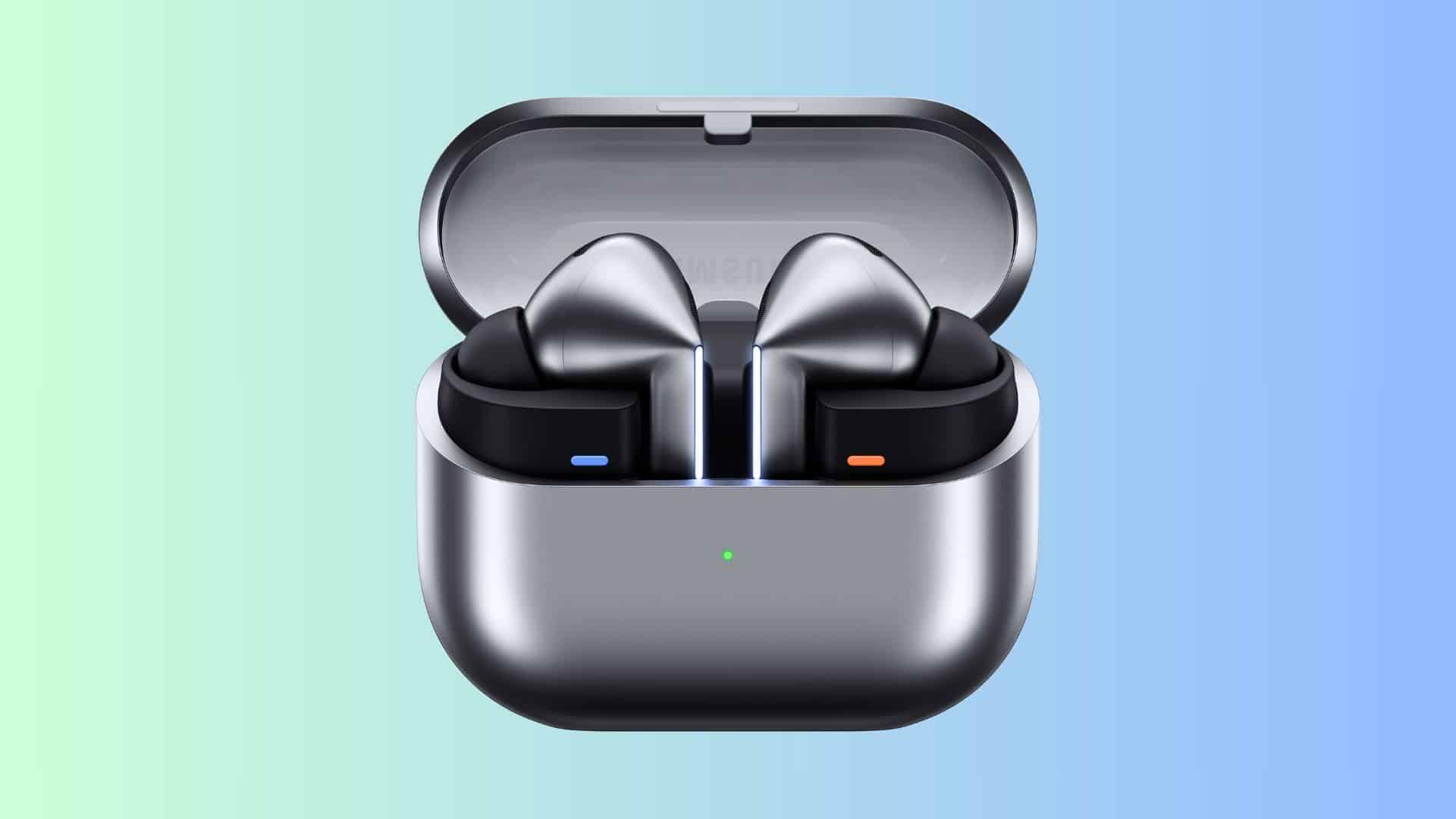 Samsung Galaxy Buds3 Pro resting in an open metallic charging case against a soft blue-green gradient background.