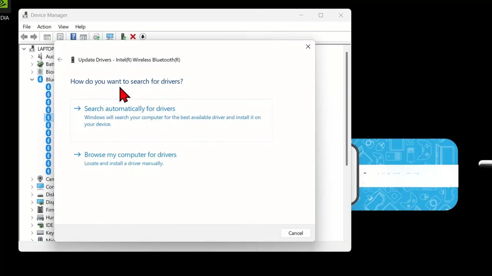 Windows 11 Update Drivers window with Search automatically for drivers selected.