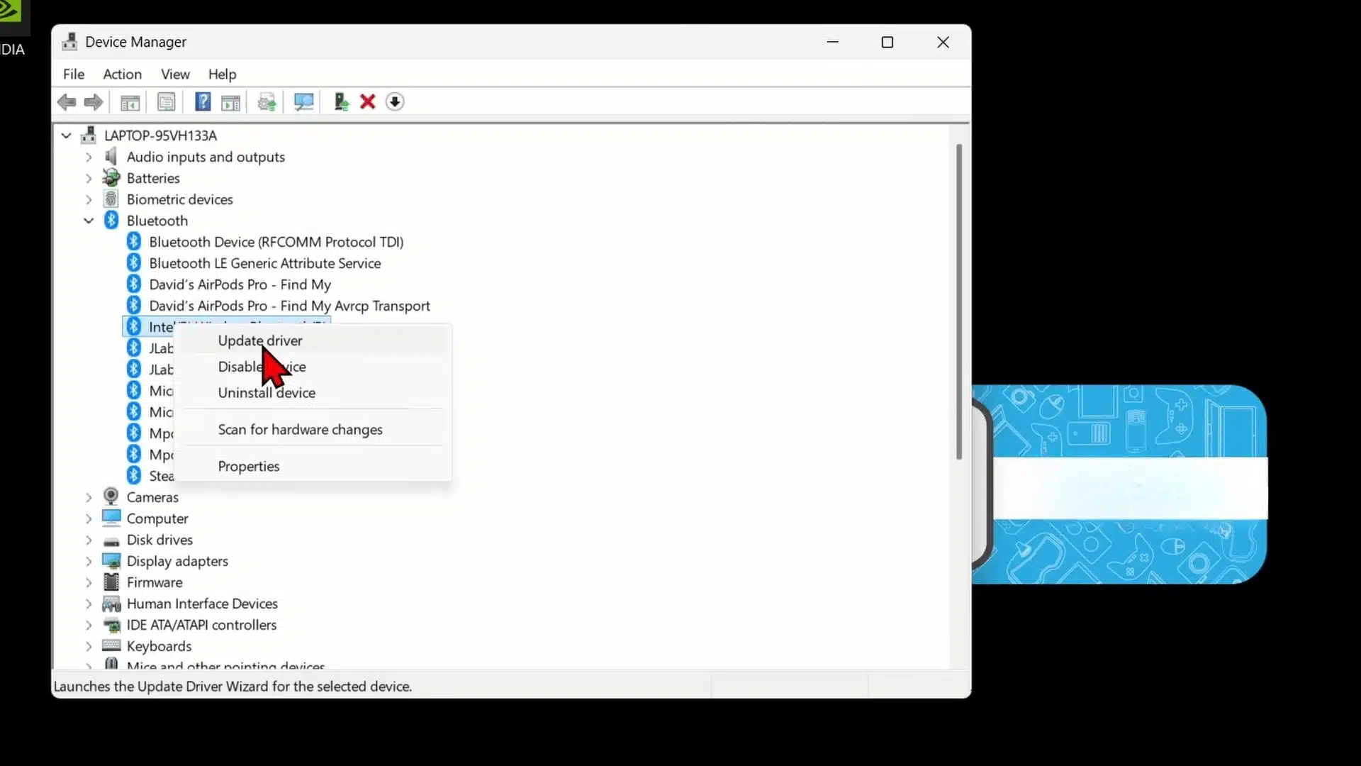 Windows 11 Device Manager showing a Bluetooth device with the Update driver option.