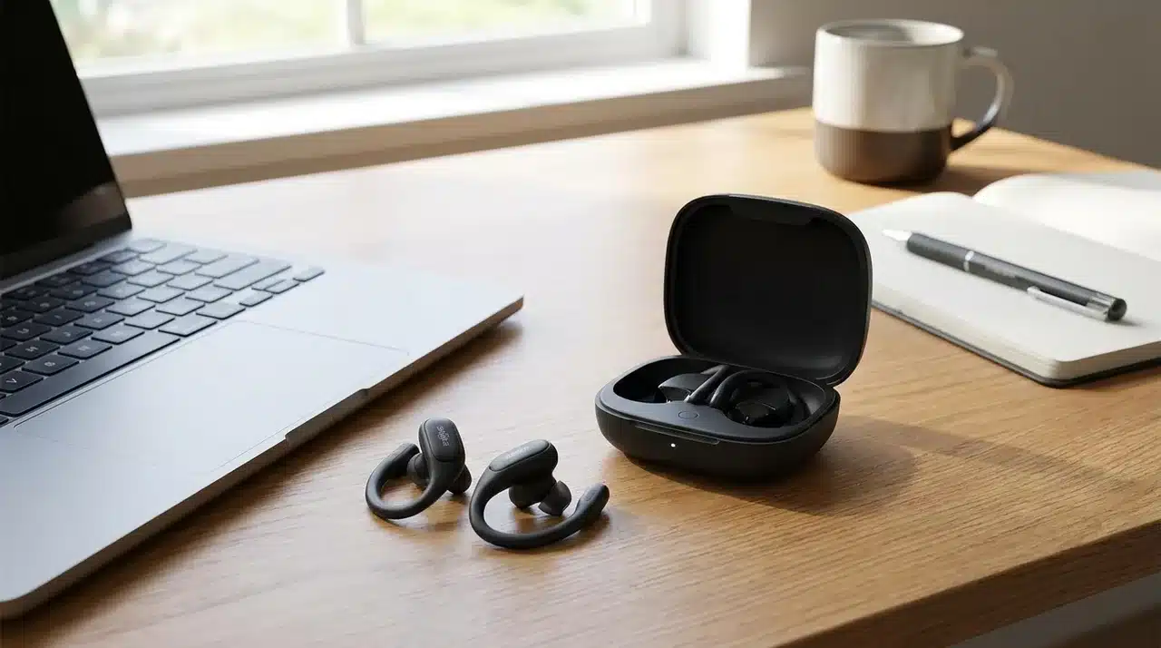 Shokz OpenFit Pro open-ear earbuds beside their charging case, laptop, notebook, and mug on a wooden desk.