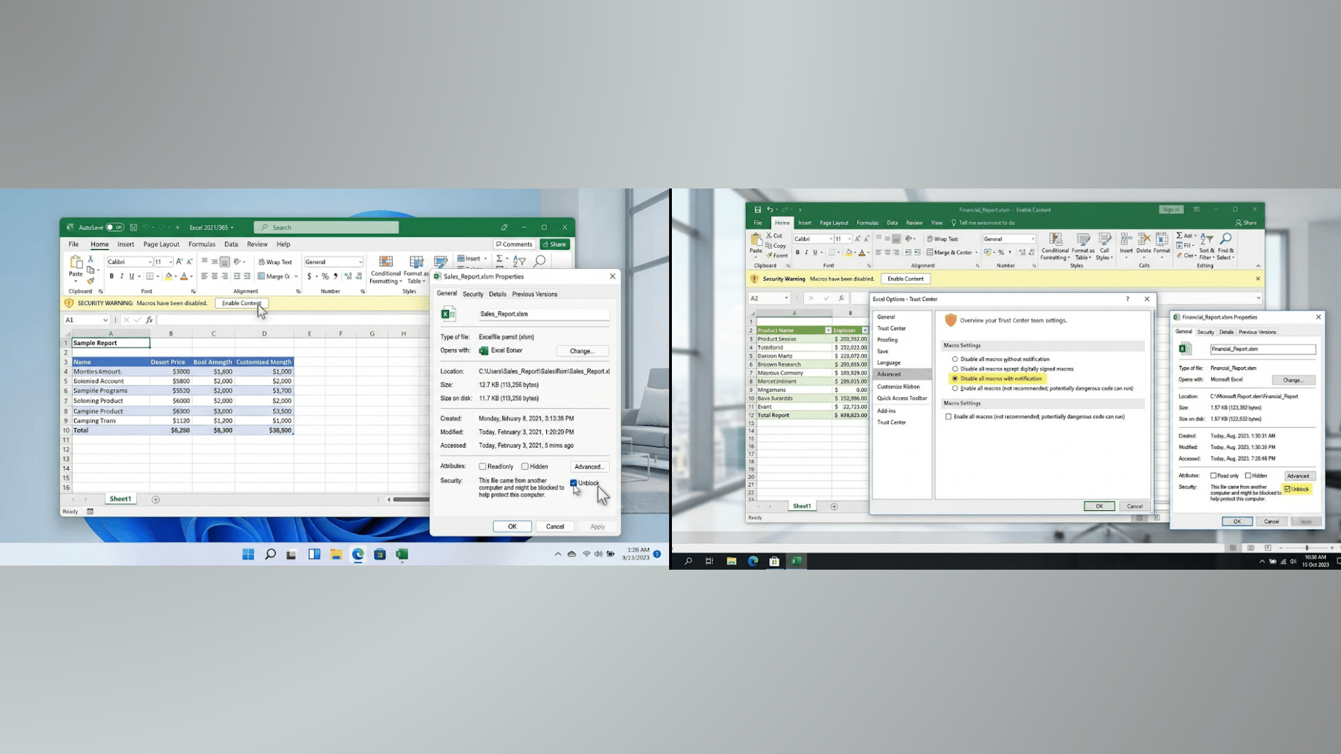 Side-by-side Microsoft Excel screenshots showing macro security settings, file properties, the Unblock option, and Trust Center controls for enabling macros