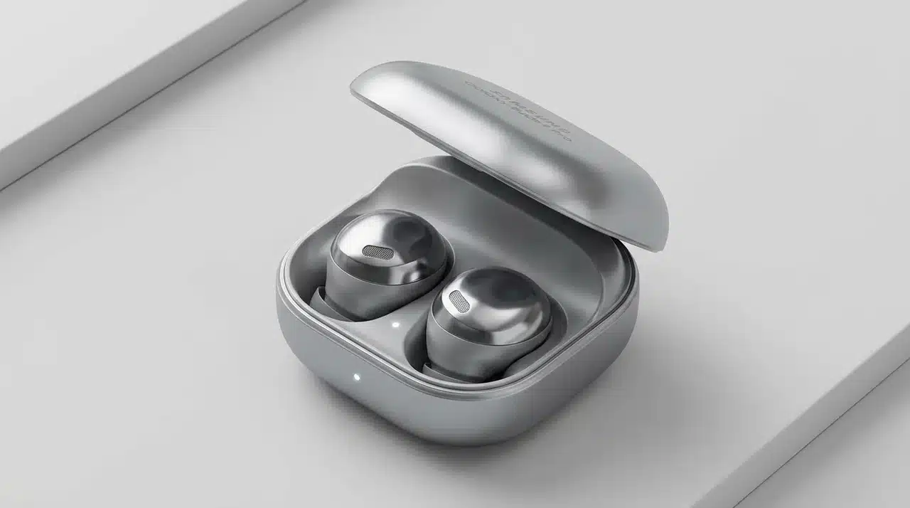 Silver true wireless earbuds resting inside an open matching charging case on a light surface.