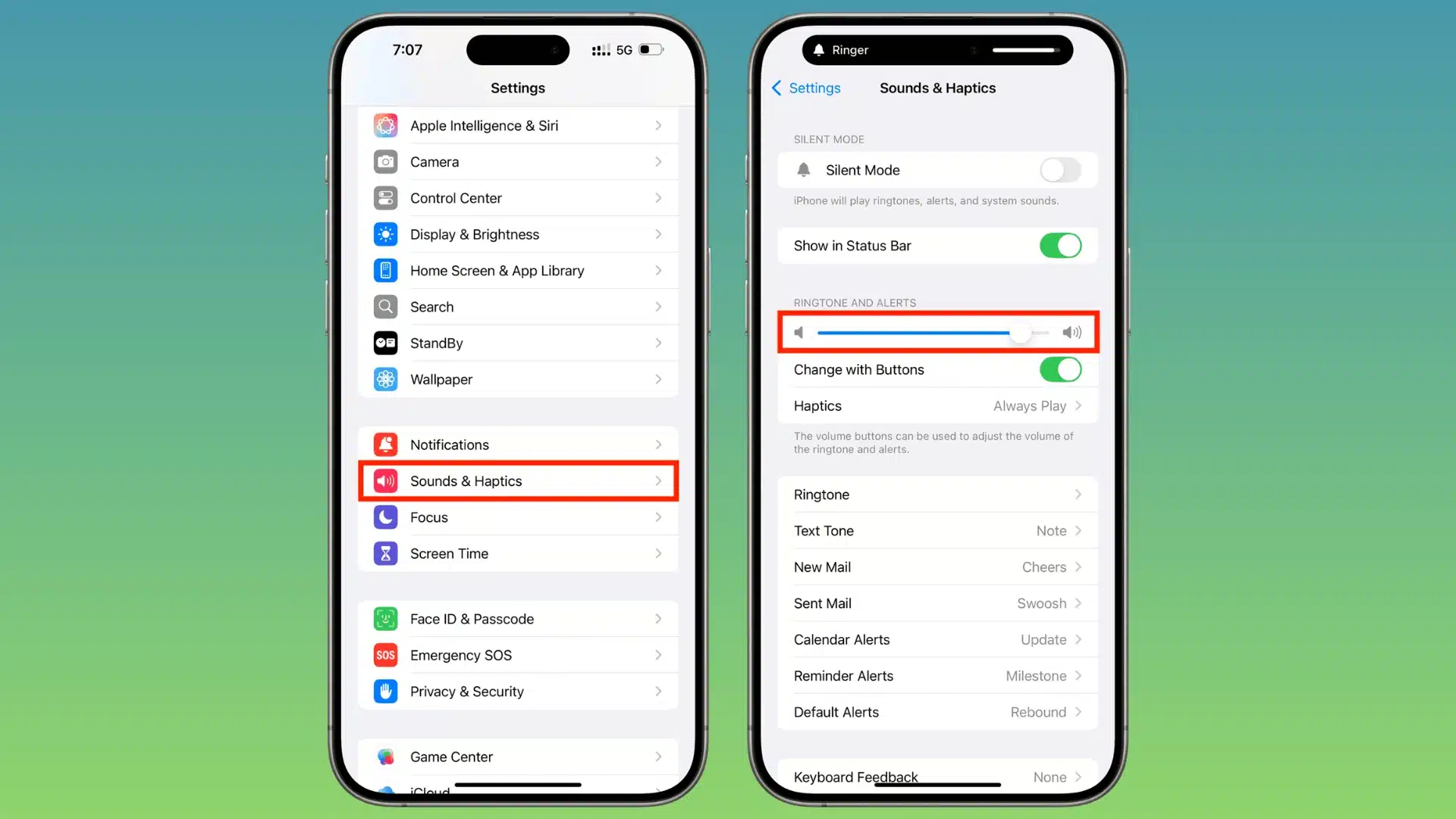 iPhone Settings screen highlighting Sounds & Haptics option for audio controls.