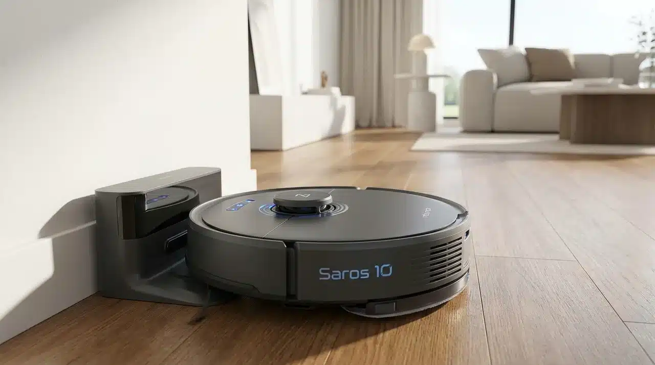 Slim robot mop cleaning beneath a low sofa with its top navigation sensor lowered