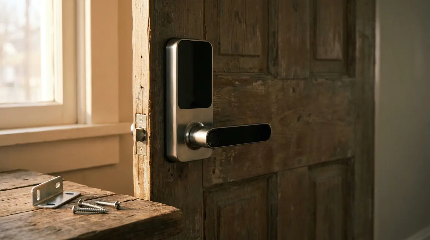 Modern digital door lock on a rustic wooden door with screws on wooden surface