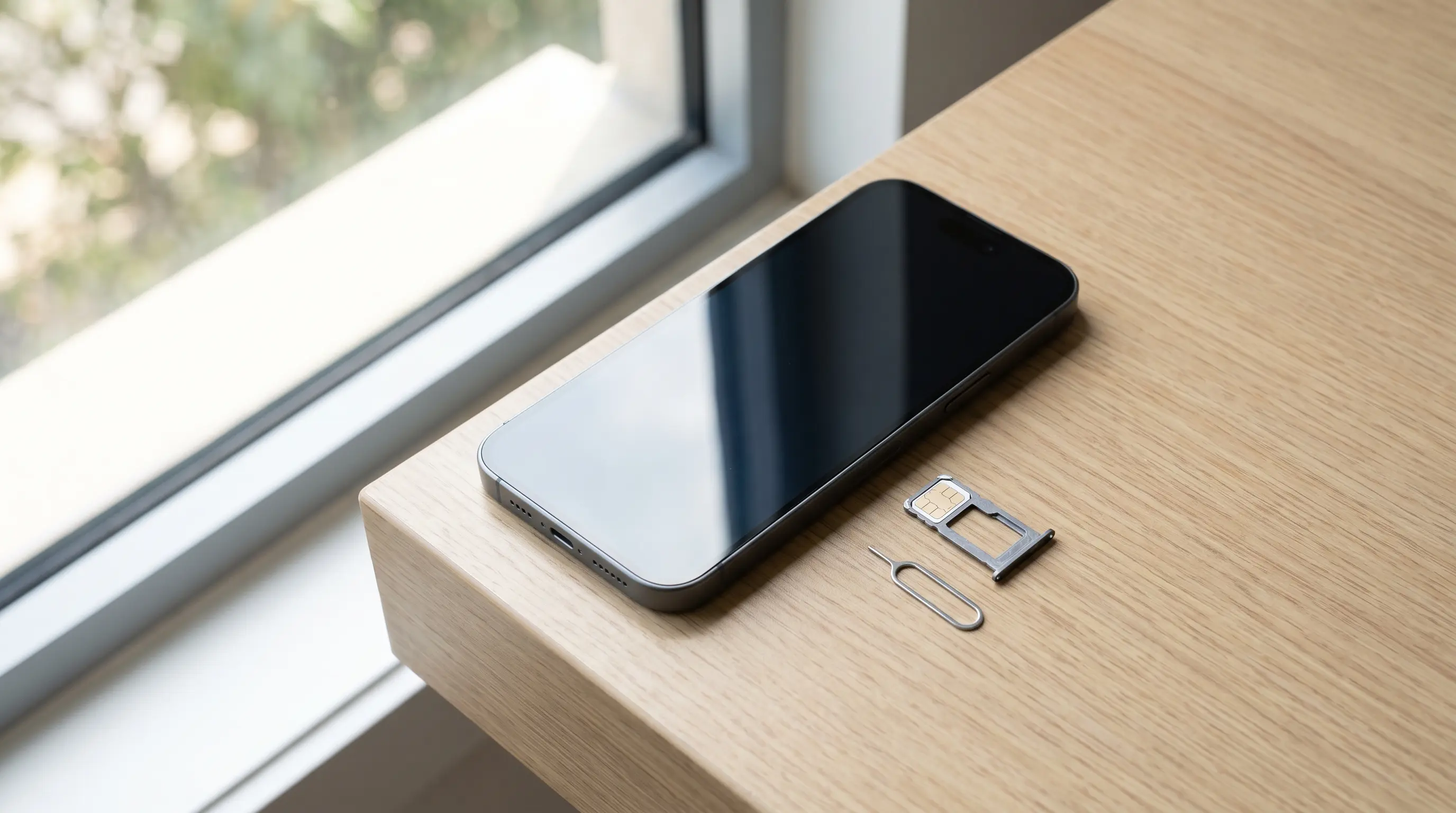 Smartphone beside a removed SIM card tray and ejector tool on a wooden table.