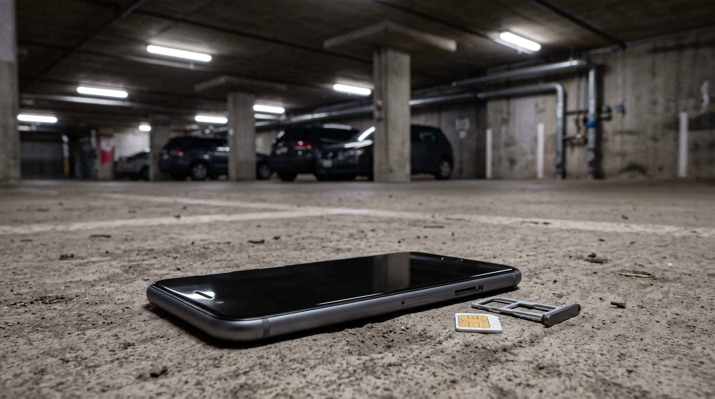 Smartphone beside an ejected SIM card and tray on a concrete parking garage floor.