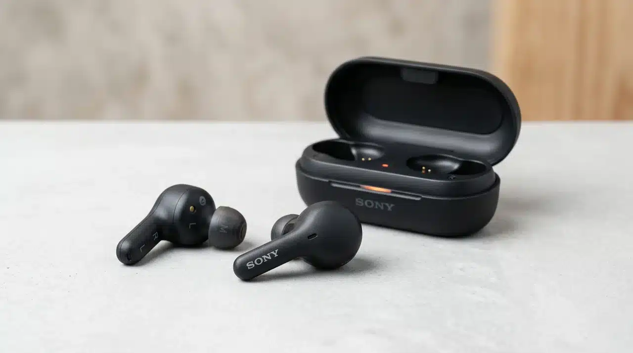 Sony WF-C710N wireless earbuds placed beside an open black charging case on a light surface.