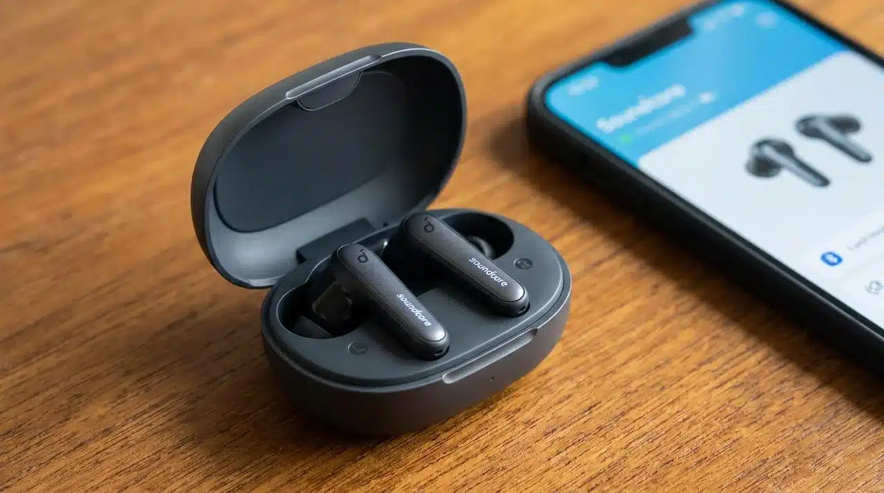 Soundcore Liberty 5 wireless earbuds in an open charging case beside a smartphone on a wooden table.