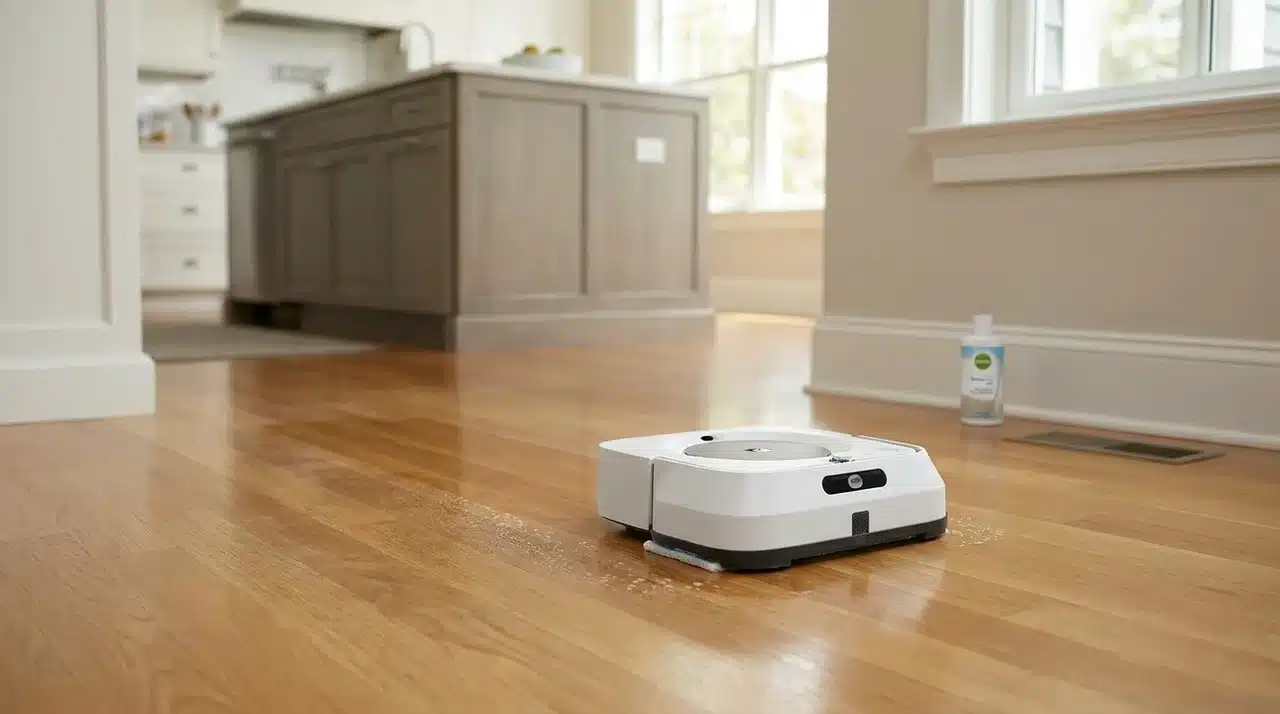 Square dedicated robot mop using a flat wet pad while cleaning along a hard-floor corner