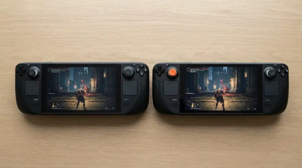 Steam Deck LCD and OLED models placed side by side